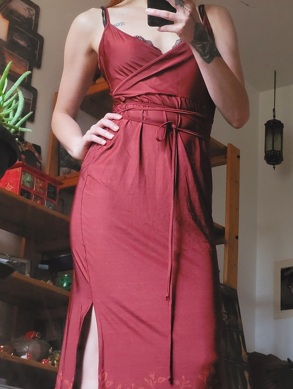 Vintage Red Maxi Floral Print Dress Boho Satiny Red - Size S